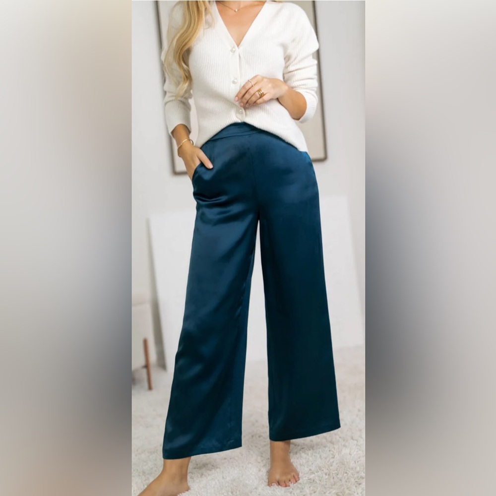 Ravella Vicenza Luxurious Fine Silk Satin Pull On Pants Midnight Navy Size Large